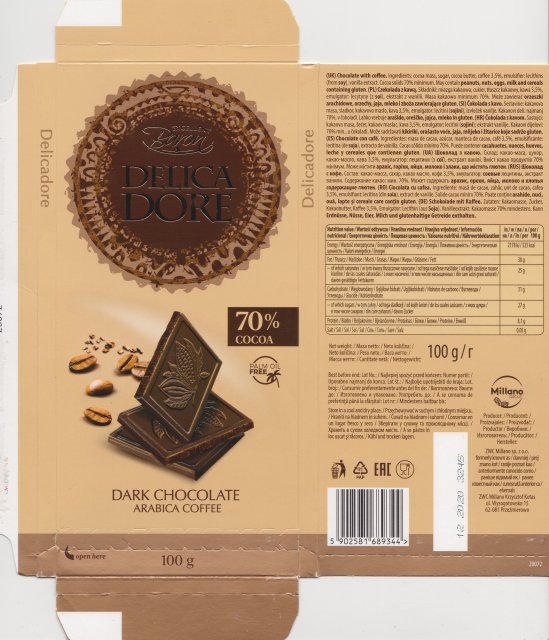 Millano Baron Delica Dore 1 dark chocolate arabica coffee 70 cocoa