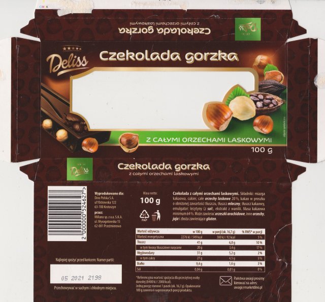 Millano Deliss 3 gorzka z calymi orzechami laskowymi