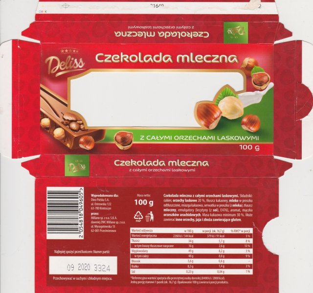 Millano Deliss 3 mleczna z calymi orzechami laskowymi