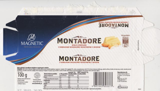 Millano Magnetic Montadore biaÅa czekolada z kawaÅkami migdaÅowo-nugaotwymi z miodem 546kcal
