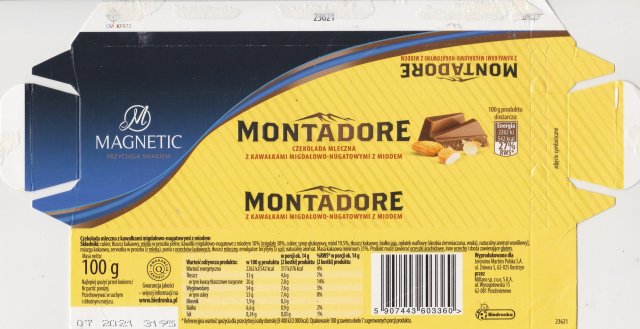 Millano Magnetic Montadore mleczna z kawaÅkami migdaÅowo-nugatowymi z miodem 542kcal