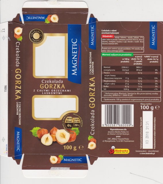 Millano Magnetic gorzka z calymi orzechami laskowymi 89kcal