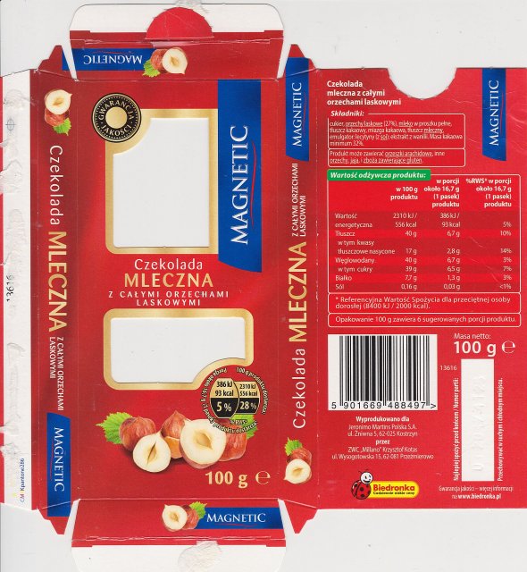 Millano Magnetic mleczna z calymi orzechami laskowymi 93kcal