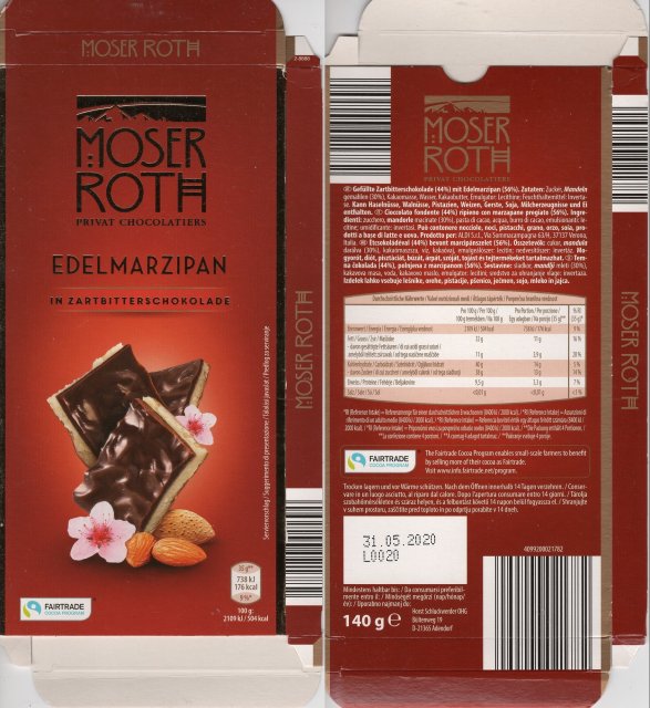 Moser Roth duze pion 11 edelmarzipan in zartbitterschokolade 176kcal fairtrade
