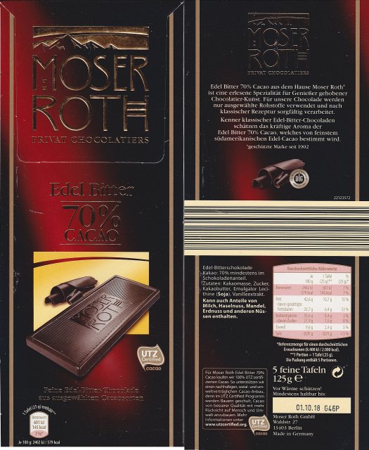 Moser Roth duze pion 3 edel bitter 70 kakao 145kcal UTZ