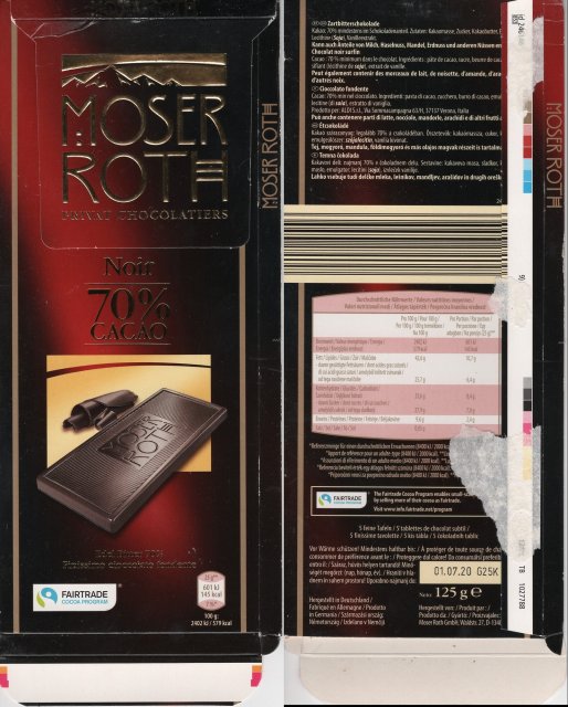Moser Roth duze pion 3 noir 70 cacao 145kcal fairtrade