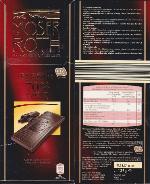 Moser Roth duze pion 4 70 cacao edel bitter 145kcal UTZ