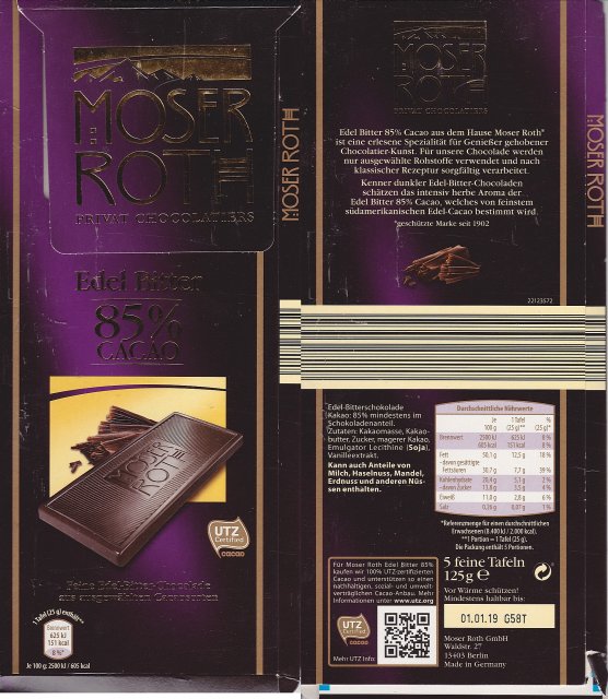 Moser Roth duze pion 4a 85 cacao edel bitter 151kcal UTZ