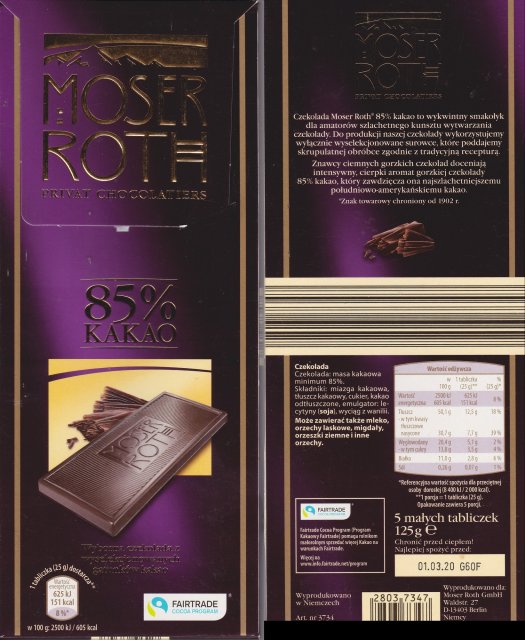Moser Roth duze pion 4a 85 kakao 151kcal fairtrade