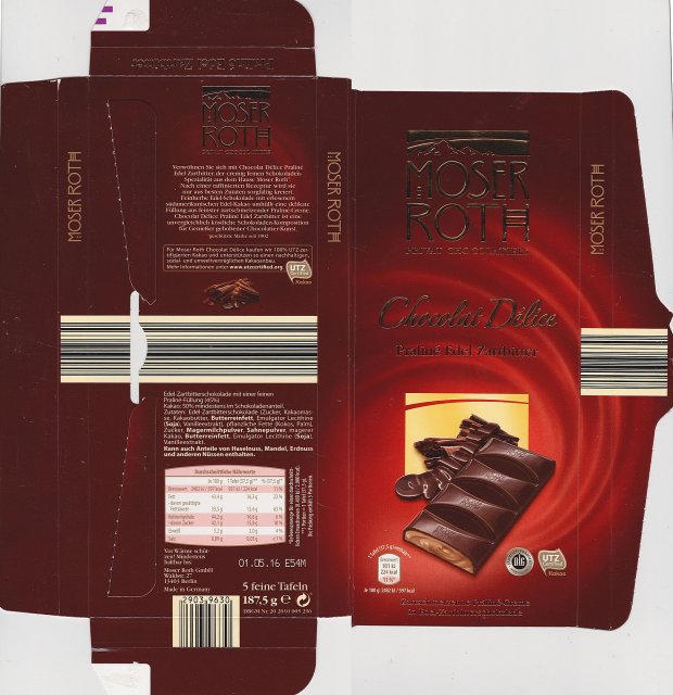 Moser Roth duze pion 5 Chocolat Delice Praline Edel Zartbitter 224kcal dlg UTZ