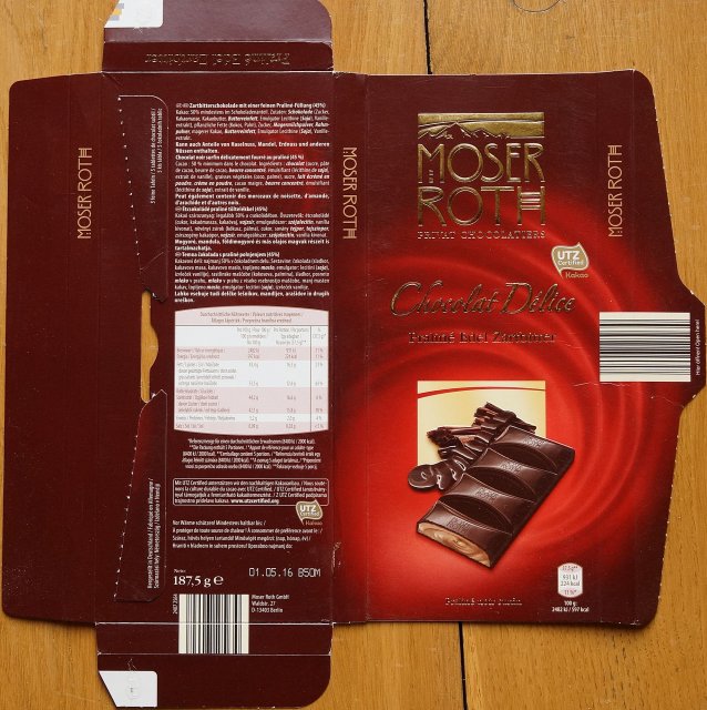 Moser Roth duze pion 5 Chocolat Delice praline edel zartbitter 224kcal utz