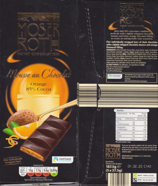 Moser Roth duze pion 5 Mousse au Chocolat Orange 85 Cocoa 197kcal fairtrade