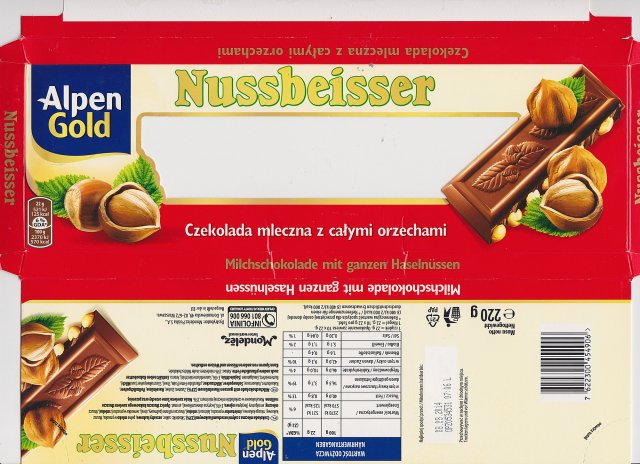 Nussbeisser duze Alpen Gold czekolada mleczna z calymi orzechami 570kcal GDA