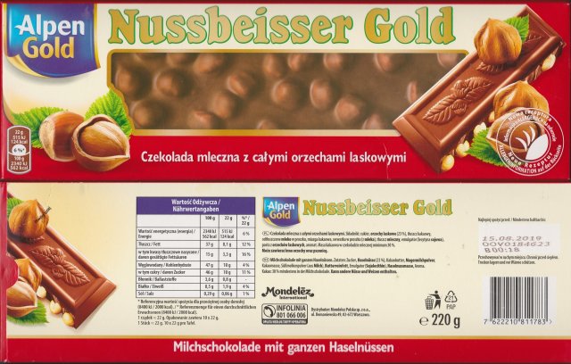 Nussbeisser duze Gold czekolada mleczna z calymi orzechami laskowymi 124kcal