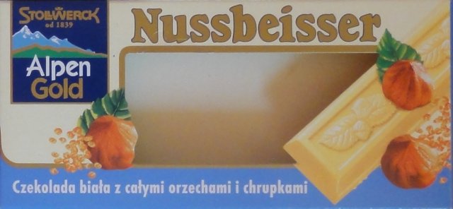 Nussbeisser male Alpen Gold kwadrat czekolada biala z calymi orzechami i chrupkami_cr