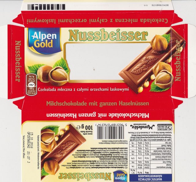 Nussbeisser male Alpen Gold oble czekolada mleczna z calymi orzechami 93kcal