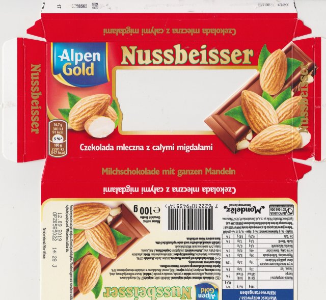 Nussbeisser male Alpen Gold rog czekolada mleczna z calymi migdalami 381 kcal
