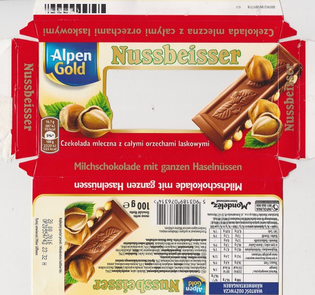 Nussbeisser male Alpen Gold rog czekolada mleczna z calymi orzechami laskowymi 93kcal