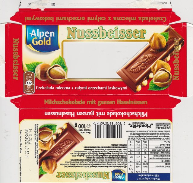 Nussbeisser male Alpen Gold rog czekolada mleczna z calymi orzechami laskowymi 94kcal