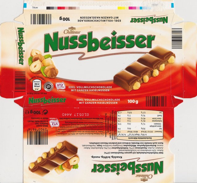 Nussbeisser male edel vollmilchschokolade mit ganzen nussen chateau 98kcal UTZ dlg