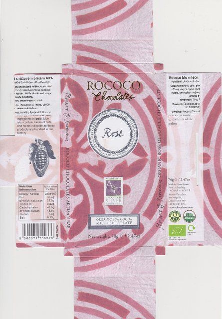 Rococo 1 rose organic 40 cocoa milk chocolate