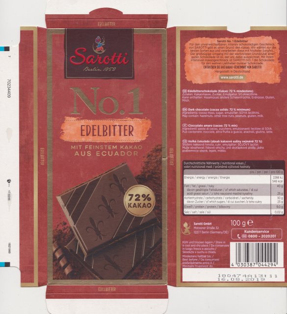 Sarotti No. 1 4 edelbitter mit feinstem kakao aus Ecuador 72