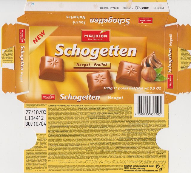 Schogetten Mauxion male 2 Nougat Praline New