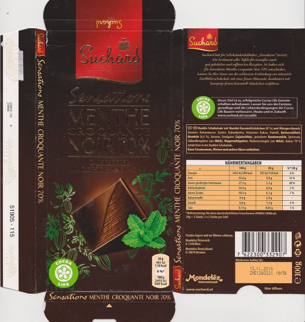 Suchard sensations 32 Noir 70 Menthe croquante cocoa life 118kcal