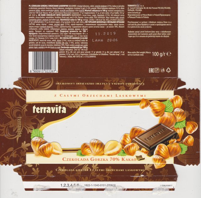 Terravita male poziom 9 czekolada gorzka 70 kakao z calymi orzechami laskowymi