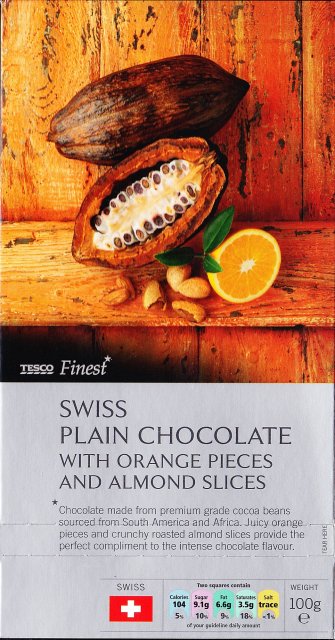 Tesco 1 Swiss plain chocolate with orange pieces and almond slices_cr