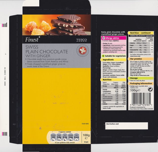 Tesco 2 Swiss plain chocolate with ginger