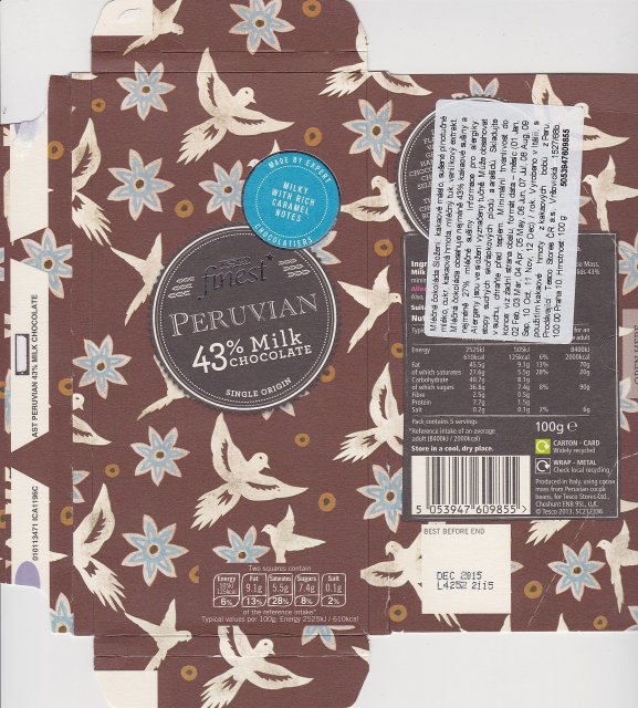 Tesco 4 finest Peruvian 43 milk chocolate 125kcal