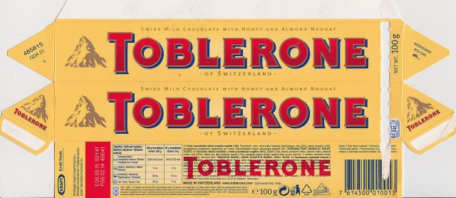 Toblerone milk chocolate with honey and almond nougat 132kcal 100g