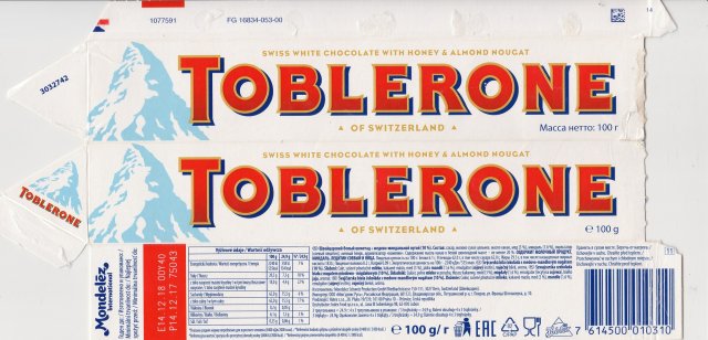 Toblerone white with honey and almond nougat 100g