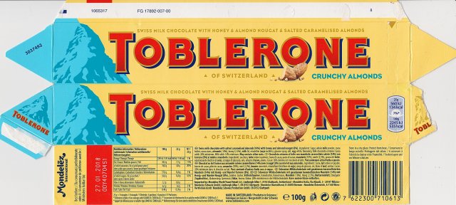 toblerone crunchy almonds 134kcal 100g