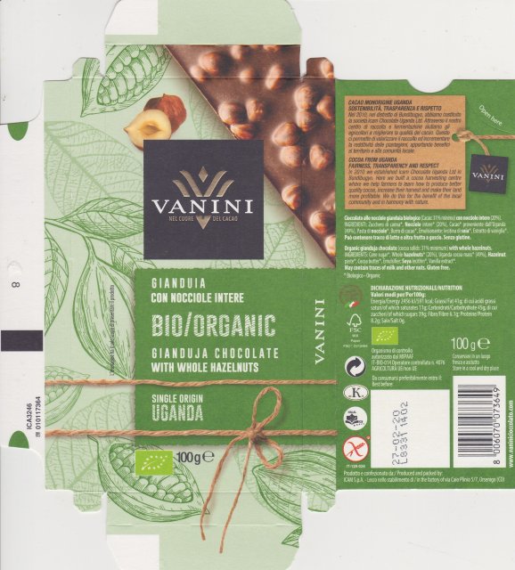 Vanini bio organic gianduja chocolate with whole hazelnuts Uganda