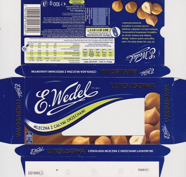 Wedel poziom male wstazka luksusowa mleczna z calymi orzechami 145kcal