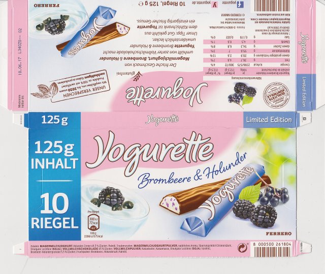 Yogurette 10_0 Limited Edition Brombeere & Holunder 125 inhalt 72kcal ferrero