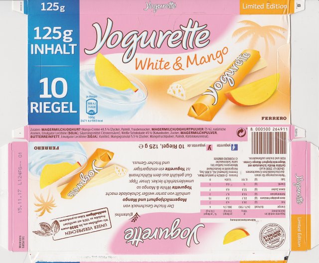 Yogurette 10_0 Limited Edition White & Mango 125 inhalt 74kcal ferrero