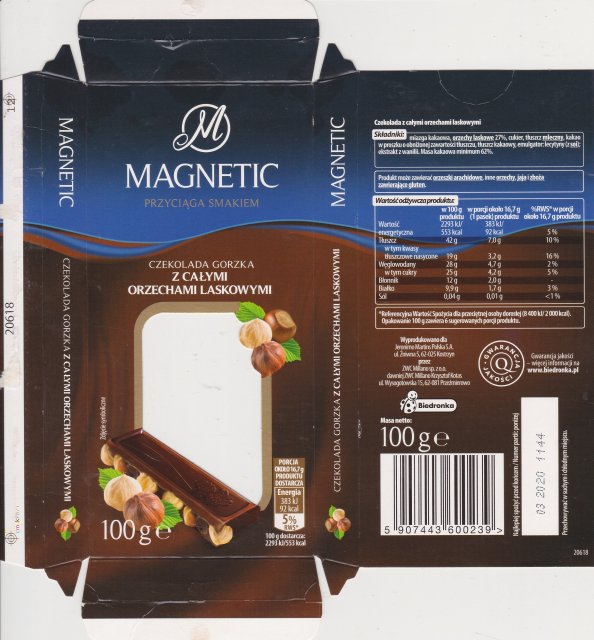 Millano Magnetic przyciaga smakiem gorzka z calymi orzechami laskowymi 92kcal