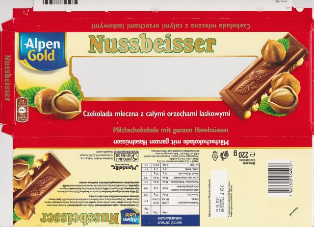 Nussbeisser duze Alpen Gold czekolada mleczna z calymi orzechami 555 kcal