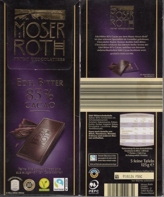 Moser Roth duze pion 4b 85 cacao 151kcal dlg vegan fairtrade